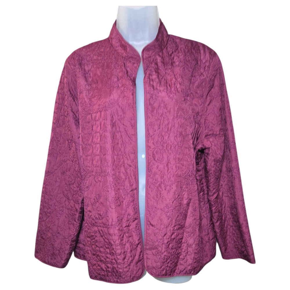 Alfred Dunner Wom 16 Burgundy Jacquard Floral Quilted Open Front Jacket Dressy